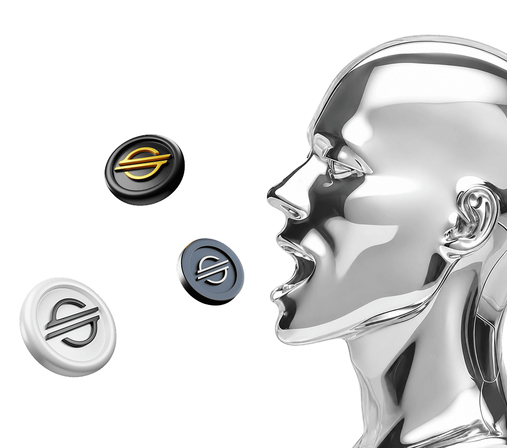 A silver face speaking with floating Stellar coins