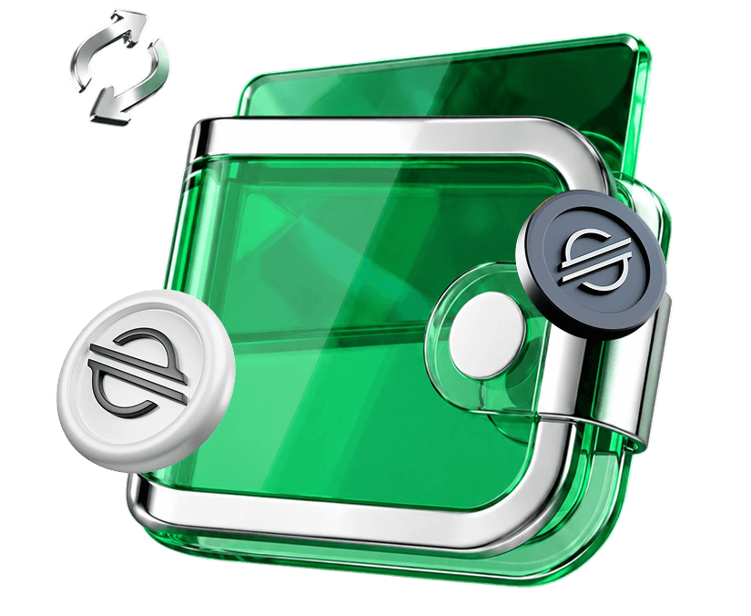 A transparent emerald wallet surrounded by Stellar coins